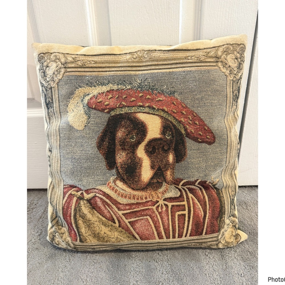 Vintage Ashford Court St Bernard Dog in Hat Jacquard Tapestry Pillow Green Noble